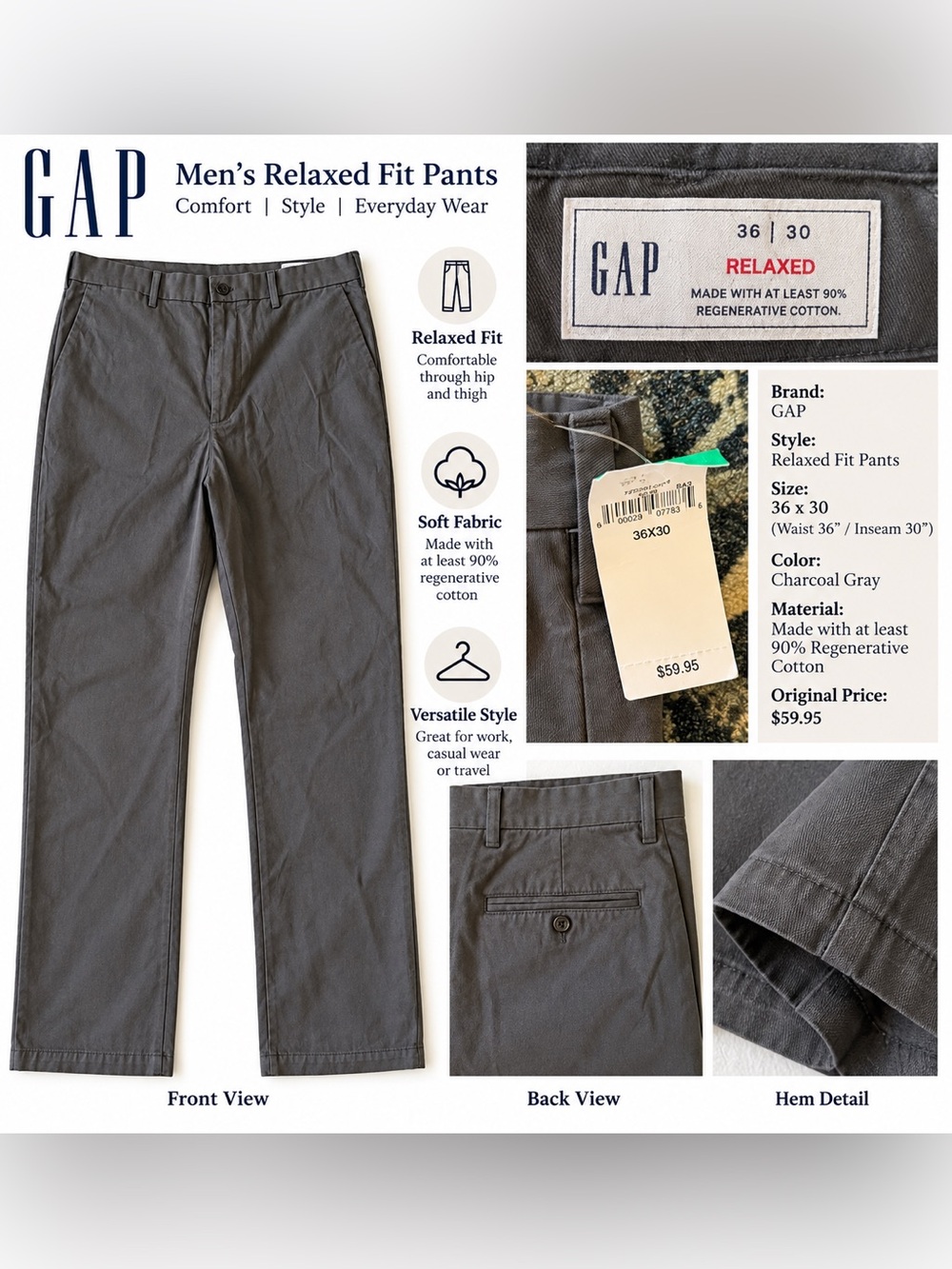 GAP Men's Relaxed Fit Chinos - Charcoal Gray